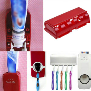 Automatic Toothpaste Dispenser + 5 Toothbrush Holder Set Wall Mount Stand