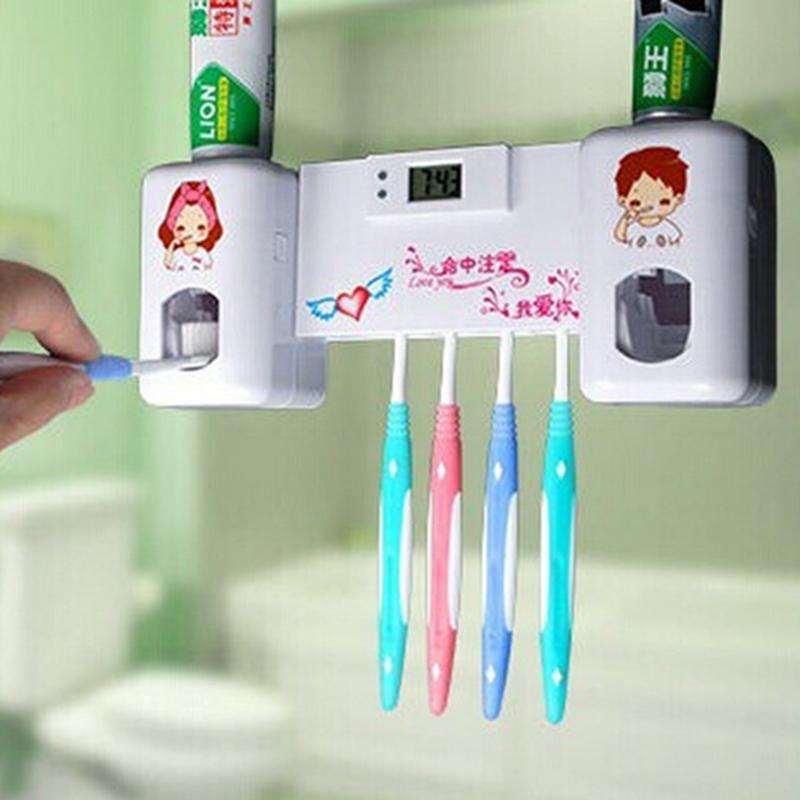 1PC 2 in 1 Automatic Toothpaste Dispenser with 5 Toothbrush Holder Set Wall Mount Stand With