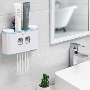Automatic Toothpaste Dispenser with Wall Mount Toothbrush Holder Toothpaste Squeezer with 5 Brushes Set