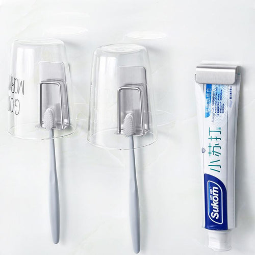 Wall Mounted Tooth Brush Holder & Cup Holder Silver Stainless Steel - Caroeas