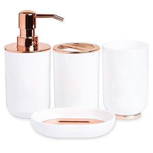 Blue Donuts Bathroom Accessories Set, Toothbrush Holder, Soap Dispenser, Rose Gold and White, 4 Piece
