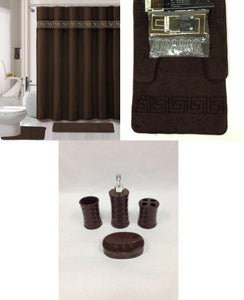 19 Piece Bath Accessory Set Coffee Brown Soft Memory Foam Bathroom Rug Contour Mat + Shower Curtain & Ceramic Accessories