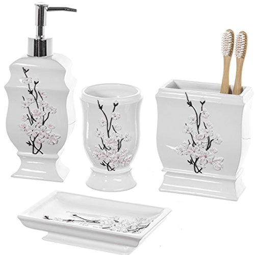 Creative Scents 4 Piece Bathroom Accessory Set - Gift Package - Soap Dish and Dispenser, Toothbrush Holder, and Tumbler Cup - Vanda Floral Style