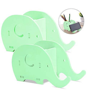 2 Pieces Elephant Shape Desk Pencil Pen Holder, Finegood Wood Plastic Board Stationery Multifunctional Organizer With Cell Phone Stand For Office Adults Kids - Green
