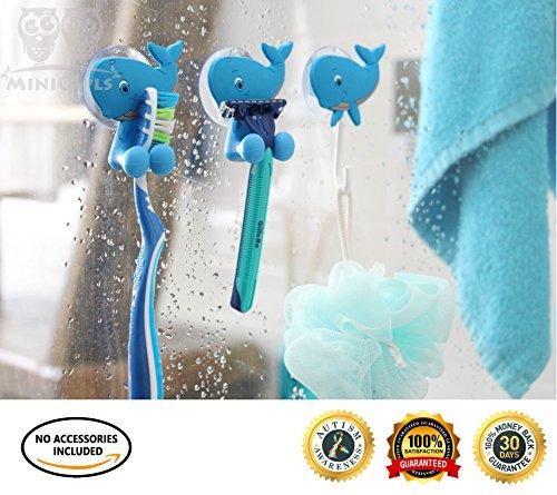 MiniOwls Bath Combo - Set of 4 Toothbrush Holders & 2 Hooks with Blue Whale Suction Cups. Best Bathroom Organizer -3% is Donated to Autism Foundation