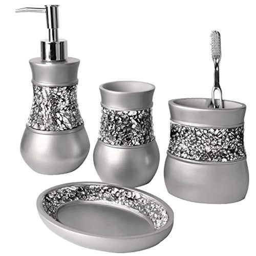 Creative Scents Bathroom Accessories Set, 4 Piece Bath Ensemble, Bath Set Collection Features Soap Dispenser Pump, Toothbrush Holder, Tumbler, Soap Dish- Gray - Silver Mosaic Glass
