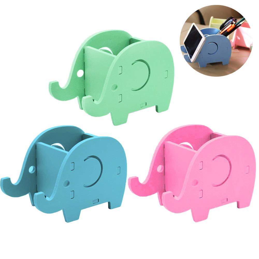 3 Pcs Cute Elephant Holder Cell Phone Stand, TuNan Pen Pencil Desk Bracket Multifunctional Stationery Organizer for Office Adults Kids - Blue Green Pink