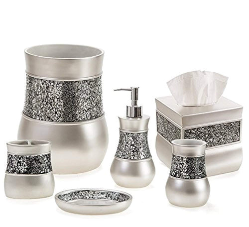 Creative Scents Bathroom Accessories Set, Decorative 6 Piece Bath Accessory Decor Features Soap Dispenser, Toothbrush Holder, Tumbler, Soap Dish, Square Tissue Cover & Trash Can (Silver Colored)