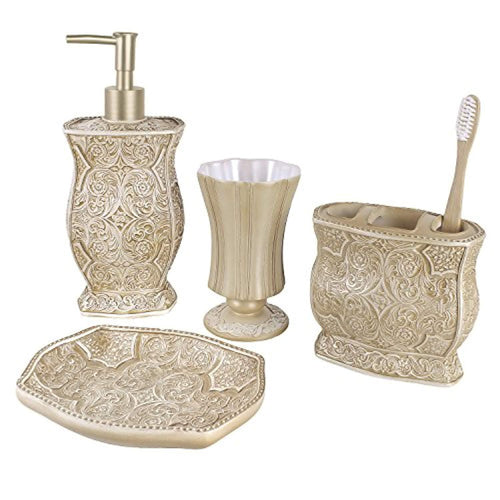 Creative Scents Victoria Bath Ensemble, 4 Piece Bathroom Accessories Set, Victoria Collection Bath Gift Set Features Soap Dispenser, Toothbrush Holder, Tumbler, Soap Dish