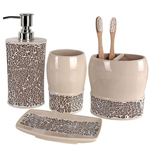 Creative Scents Broccostella Bath Ensemble, 4 Piece Bathroom Accessories Set, Broccostella Collection Bath Set Features Soap Pump, Toothbrush Holder,Tumbler, Soap Dish-Dazzling Accents of Mosaic Glass