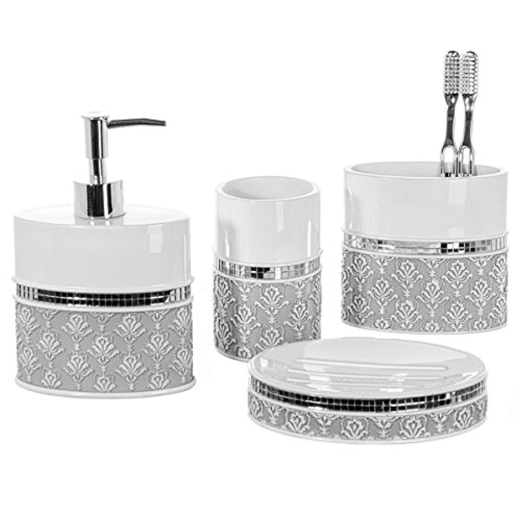 Creative Scents 4 Piece Bathroom Accessory Set - Gift Package - Soap Dish and Dispenser, Toothbrush Holder, and Tumbler Cup - Mirror Damask Style