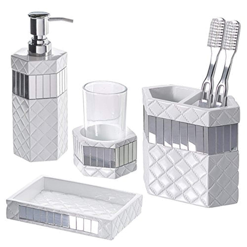 Creative Scents Quilted Mirror Bathroom Accessories Set, 4-Piece, Includes Soap Dispenser, Toothbrush Holder, Tumbler & Soap Dish, Gift Package, Finished in White And Silver Mirrored Accents
