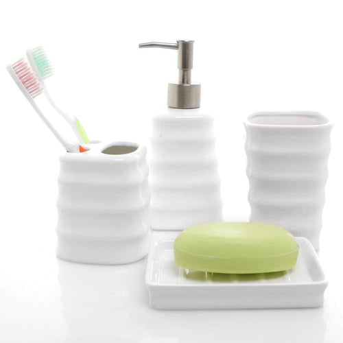 4 Piece Ribbed Ceramic Bathroom Accessory Set