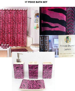 17 Piece Bath Accessory Set- Pink Zebra Shower Curtain With Decorative Rings + Bathroom Accessories Set