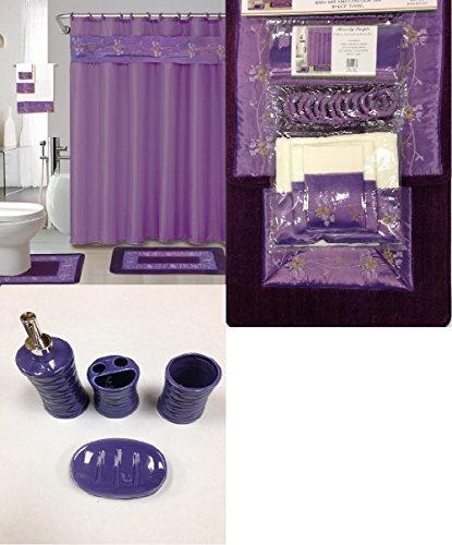 22 Piece Bath Accessory Set Purple Flower Bath Rug Set + Shower Curtain & Accessories