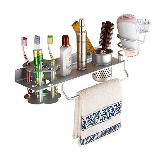 Bathroom Hair Dryer Holder Hair Blow Dryer Comb Holder Organizer Shelf Rack Stand Wall Mounted Hanging Rack with Cup Space Aluminum (with Toothbrush Holder)