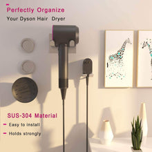 Load image into Gallery viewer, Featured xigoo hair dryer holder self adhesive dyson hair dryer wall mount holder compatible dyson supersonic hair dryer brushed 304 stainless steel power plug diffuser and nozzles organizer