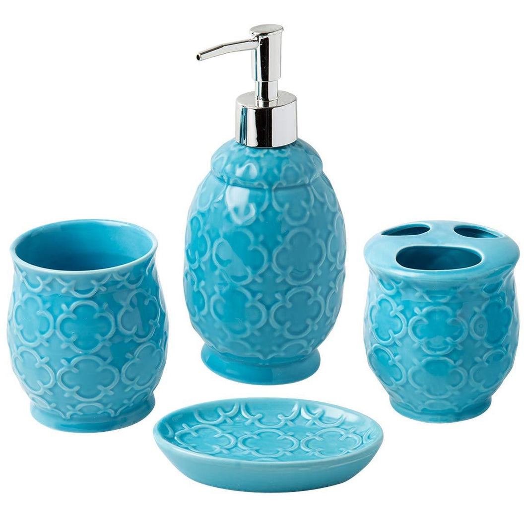 Designer 4-Piece Ceramic Bath Accessory Set | Includes Liquid Soap or Lotion Dispenser w/Toothbrush Holder, Tumbler, Soap Dish | Moroccan Trellis | Contour Grey
