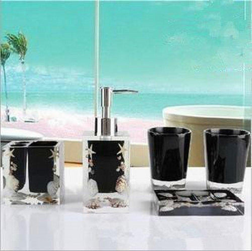 5 Piece Bathroom Accessories Set Resin Toothbrush Cups, Toothbrush Holder, Lotion Dispenser and Soap box (Starfish shells, Black)