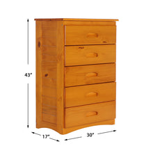 Load image into Gallery viewer, Save discovery world furniture mission twin over twin bunk bed with 3 drawers desk hutch chair and 5 drawer chest in honey finish