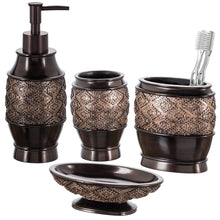 Load image into Gallery viewer, Creative Scents Dublin 4-Piece Bathroom Accessories Set, Includes Decorative Countertop Soap Dispenser, Dish, Tumbler, Toothbrush Holder, Resin Vanity Ensemble Set, Gift Boxed (Brown)