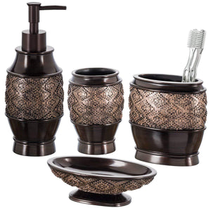 Creative Scents Dublin 4-Piece Bathroom Accessories Set, Includes Decorative Countertop Soap Dispenser, Dish, Tumbler, Toothbrush Holder, Resin Vanity Ensemble Set, Gift Boxed (Brown)