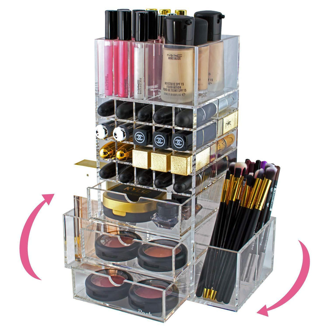 Spinning Makeup Organizer Rotating Tower, Acrylic All-in-One Lipstick, Lip Gloss & Makeup Brush Holder, Drawers & Pockets for Eyeshadows, Compacts, Blushes, Powders & Perfume