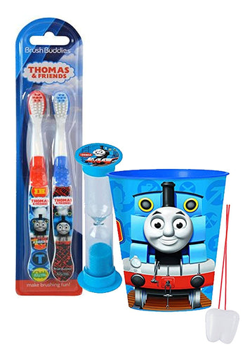 "Thomas The Train" Inspired 4pc Bright Smile Oral Hygiene Set! Thomas and Friends 2pk Soft Manual Toothbrush, Brushing Timer and Mouthwash Rinse Cup! Plus Bonus "Remember To Brush" Visual Aid!