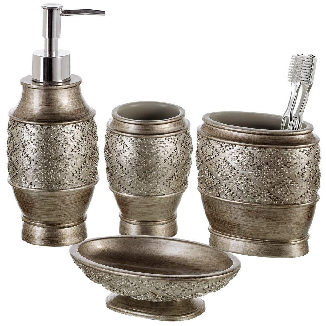 Creative Scents Dublin 4-Piece Bathroom Accessories Set, Includes Decorative Countertop Soap Dispenser, Dish, Tumbler, Toothbrush Holder, Resin Vanity Ensemble Set, Gift Boxed (Brown)