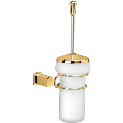 Bellaterra Wall Toilet Brush Bowl Holder Cleaner Set W/ Lid, Brass Frosted Glass