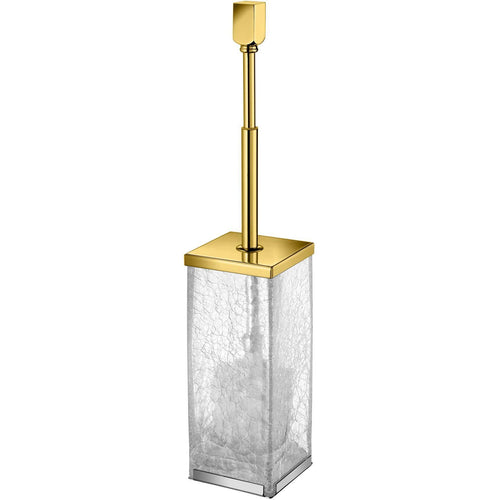 Box Crackled Glass Square Toilet Brush Bowl and Holder Cleaner Set W/ Lid, Brass