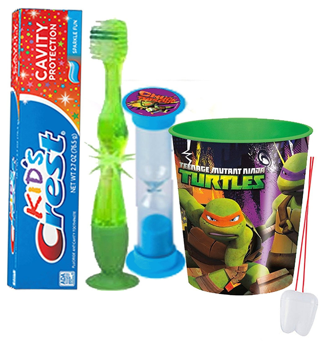 "Teenage Mutant Ninja Turtles" Inspired 4pc Bright Smile Oral Hygiene Set! Flashing Lights Toothbrush, Toothpaste, Brushing Timer and Mouthwash Rinse Cup! Plus Bonus "Remember To Brush" Visual Aid!