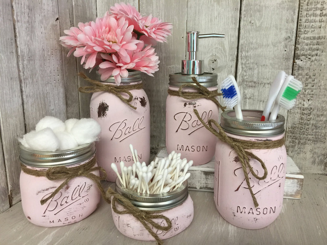 Mason Jar Bathroom Vanity Set / Set of 5 Jars / Powder Pink Painted Mason Jars