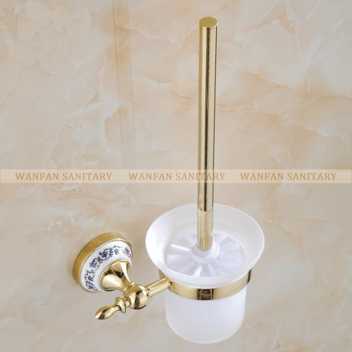 Blue & White Porcelain Bathroom Accessories Brass Gold Toilet Brush HolderBathroom Products ConstructionSt6709