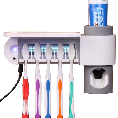 2 in I UV Light Ultraviolet Toothbrush Sterilizer Toothbrush Holder Automatic Toothpaste Dispenser + 5 Holders Bathroom Set V40