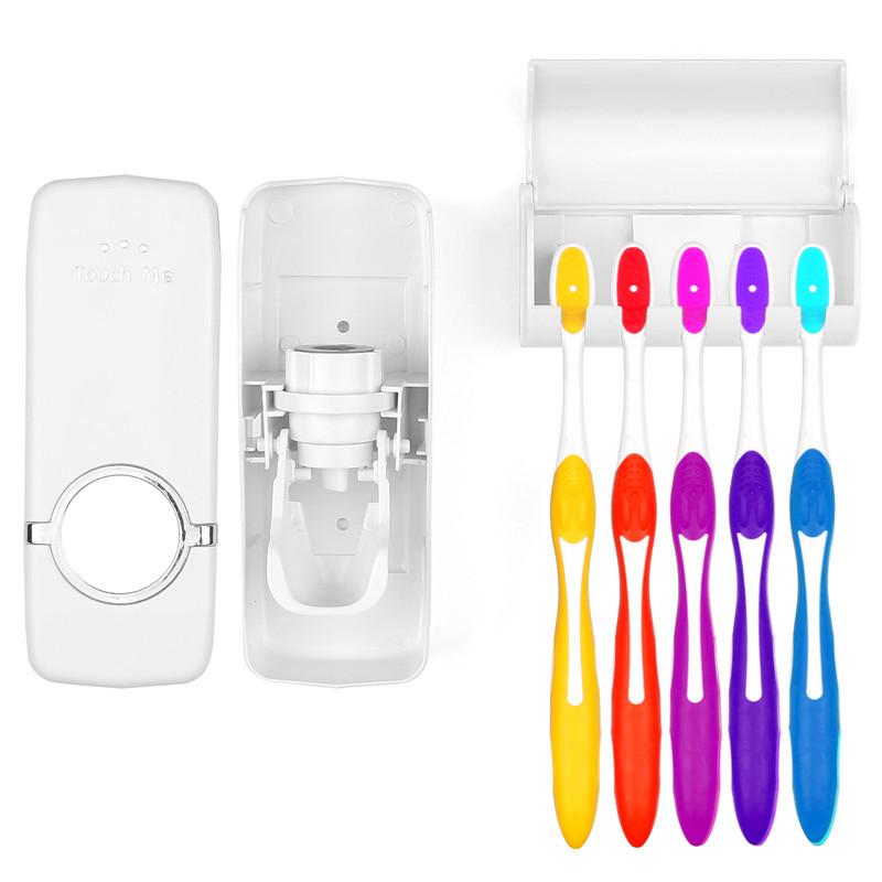 ABEDOE Automatic Toothpaste Dispenser Squeezer with Toothbrush Holder for 5 Brushs Bathroom Sets Suction Hooks Tooth Brush